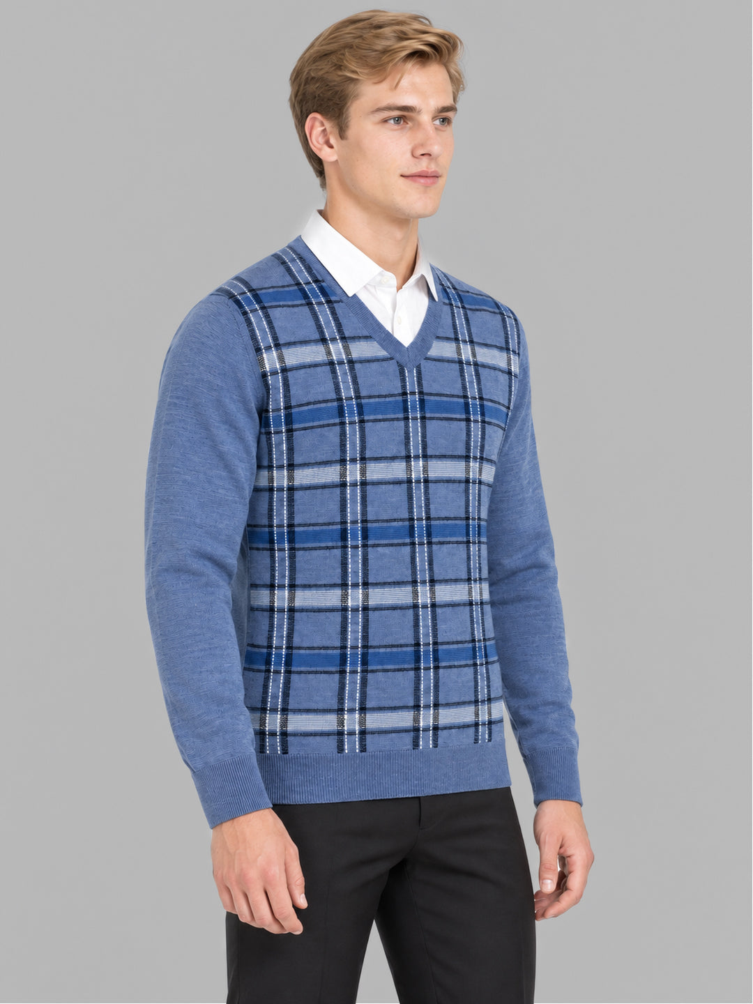 Men Brown Jacquard V Neck Full Sleeve Pullover