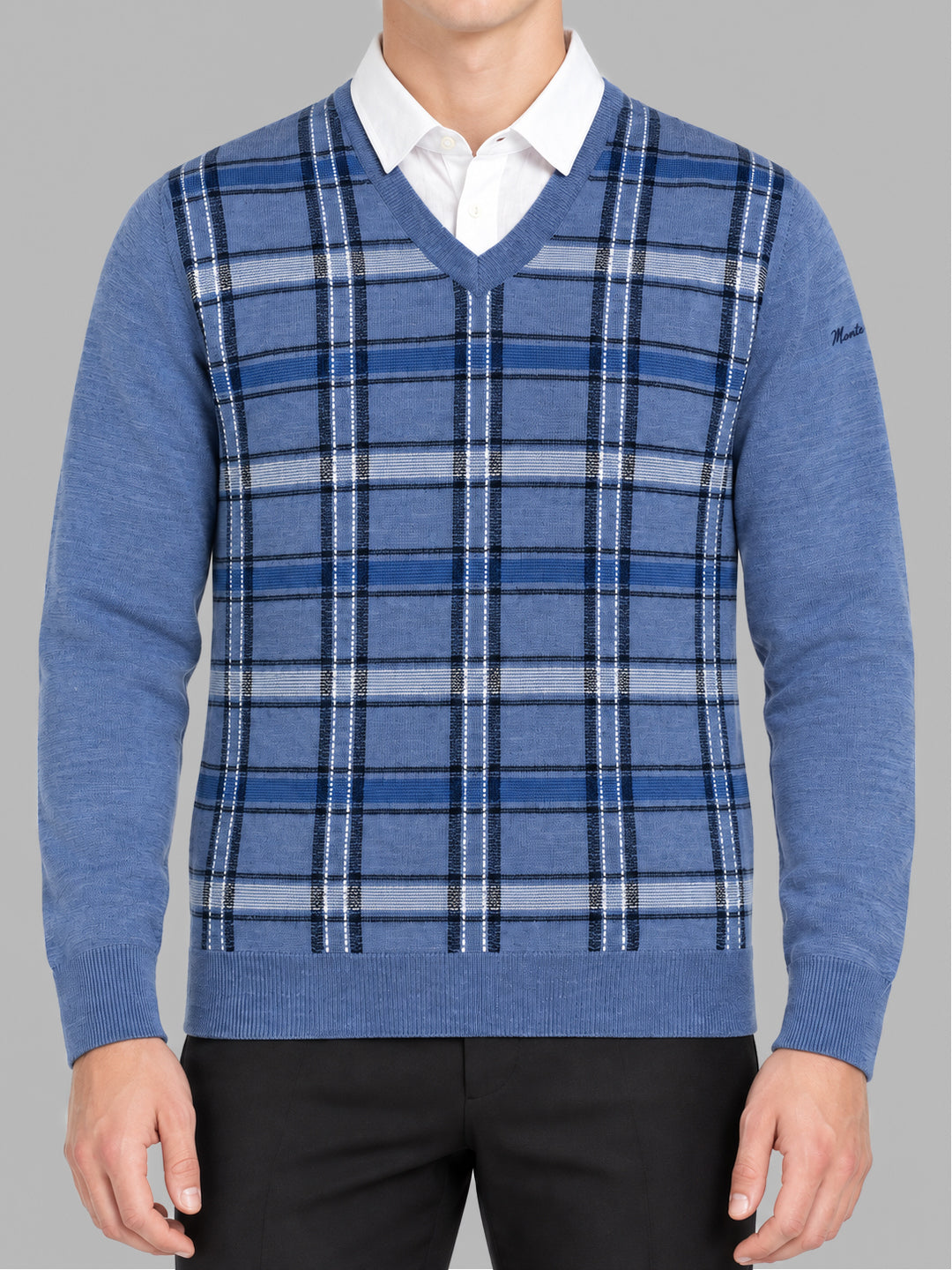 Men Brown Jacquard V Neck Full Sleeve Pullover