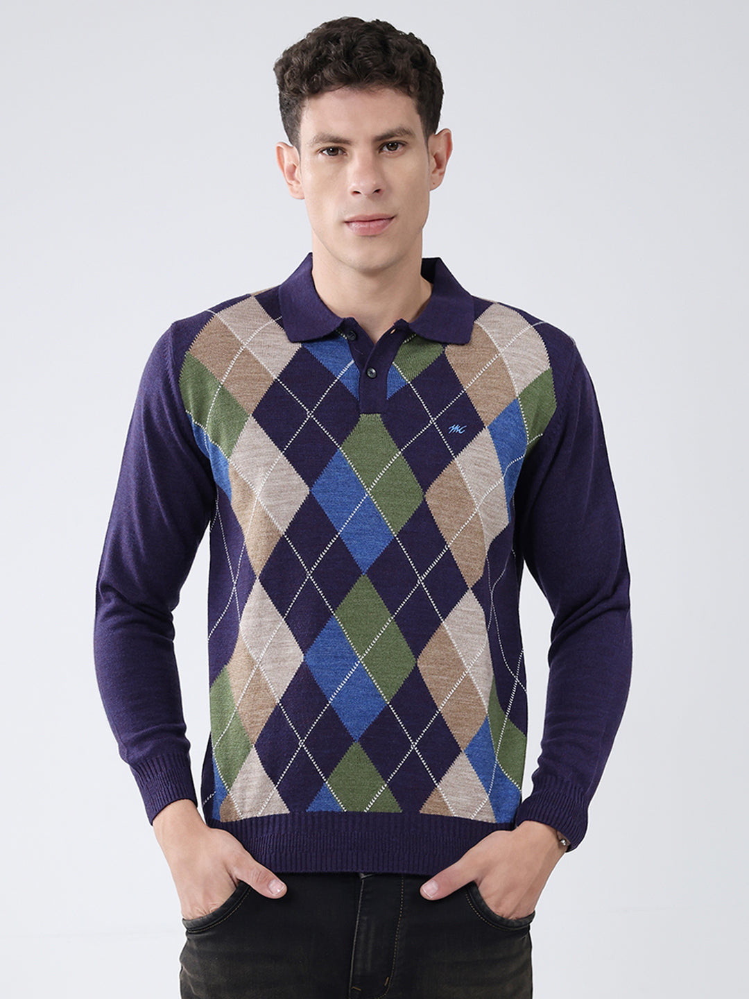 Men Purple Self Design Collar Full Sleeve Winter T-Shirt