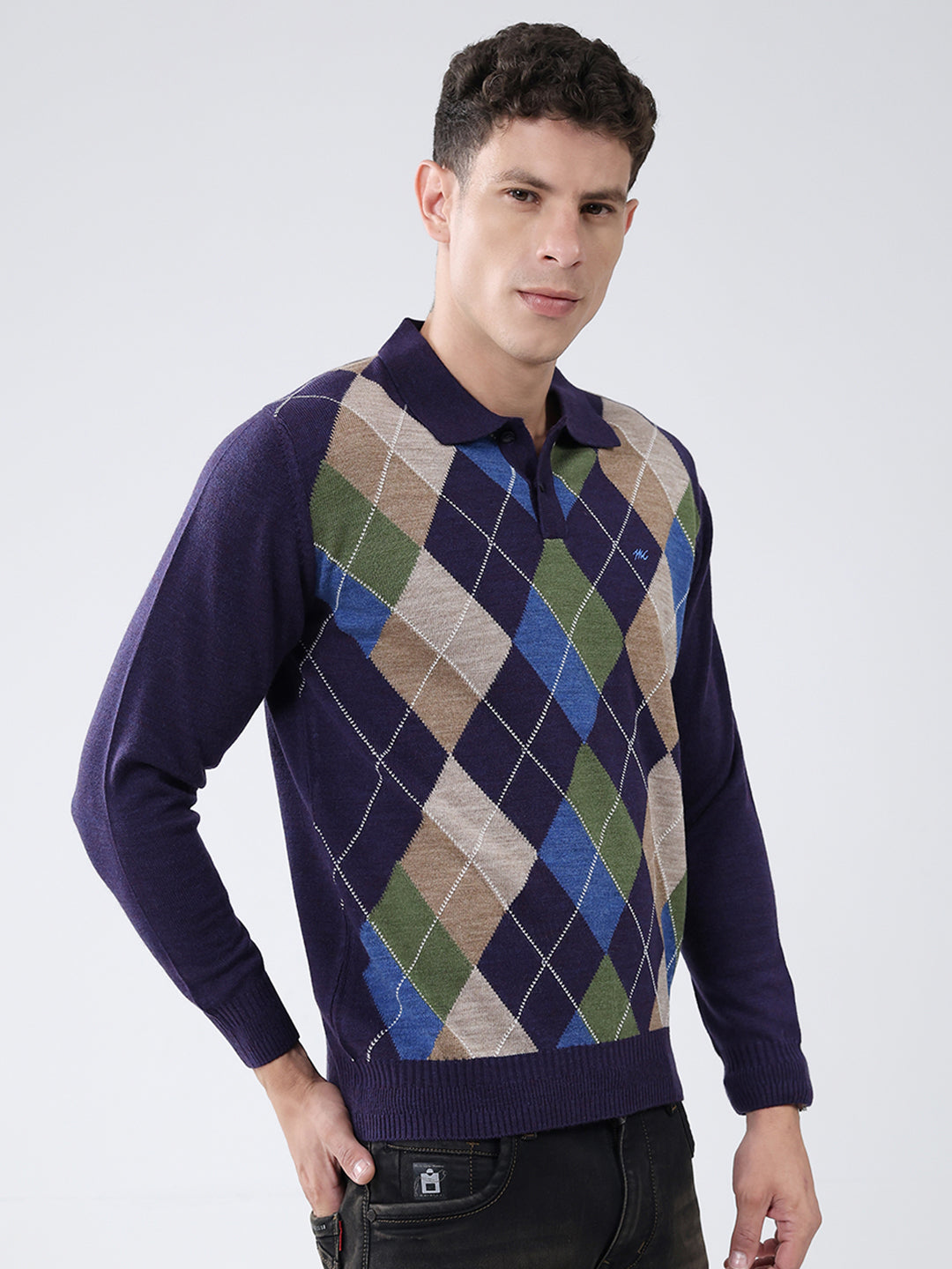 Men Purple Self Design Collar Full Sleeve Winter T-Shirt