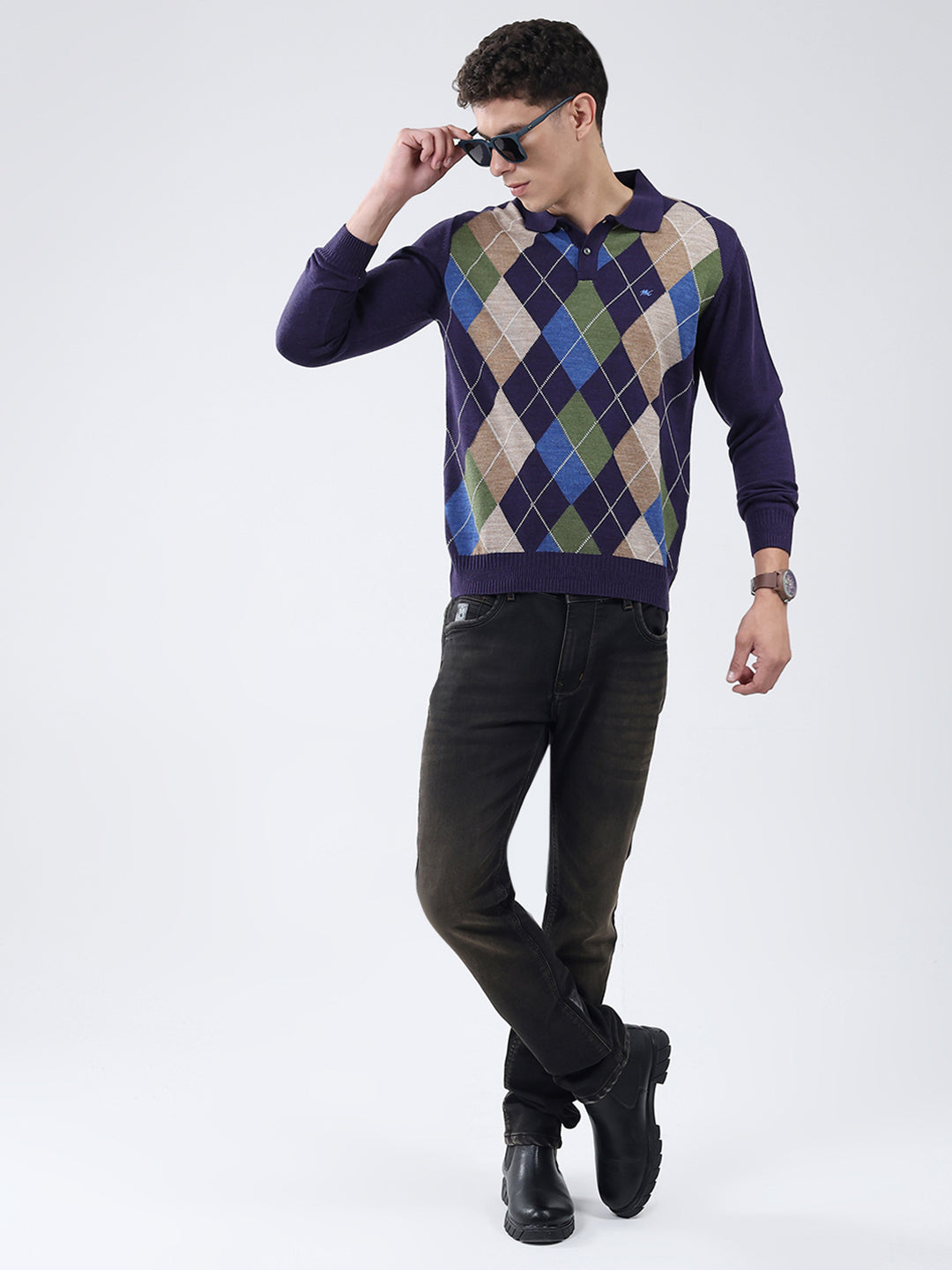 Men Purple Self Design Collar Full Sleeve Winter T-Shirt