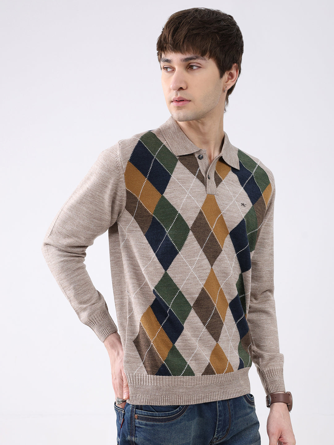 Men Beige Printed Collar Full Sleeve Winter T-Shirt