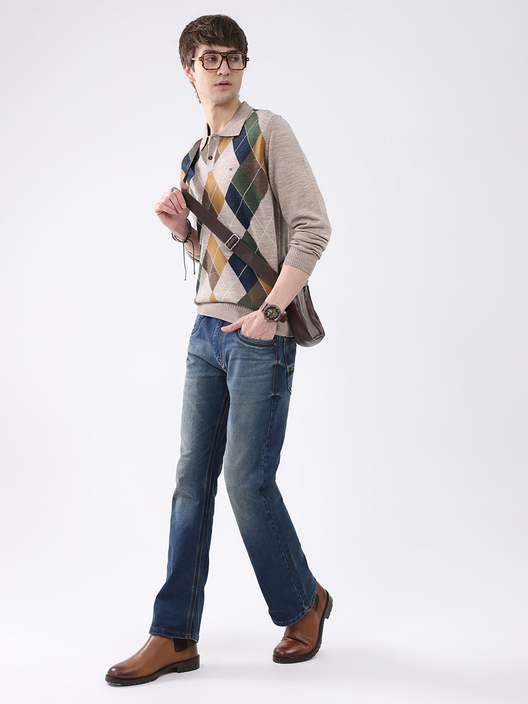 Men Beige Printed Collar Full Sleeve Winter T-Shirt