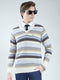 Men Cream Stripe V Neck Full Sleeve Pullover