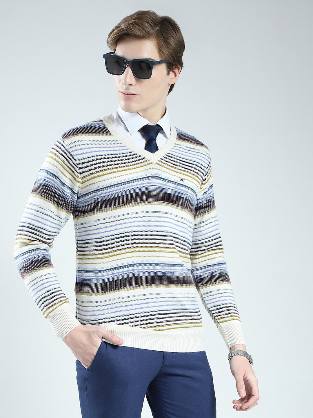Men Cream Stripe V Neck Full Sleeve Pullover