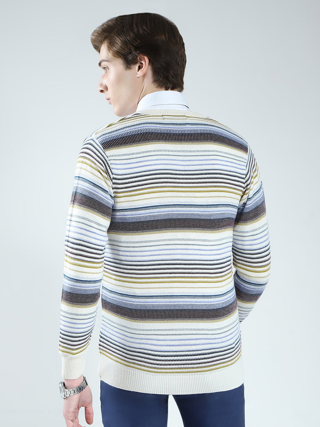 Men Cream Stripe V Neck Full Sleeve Pullover