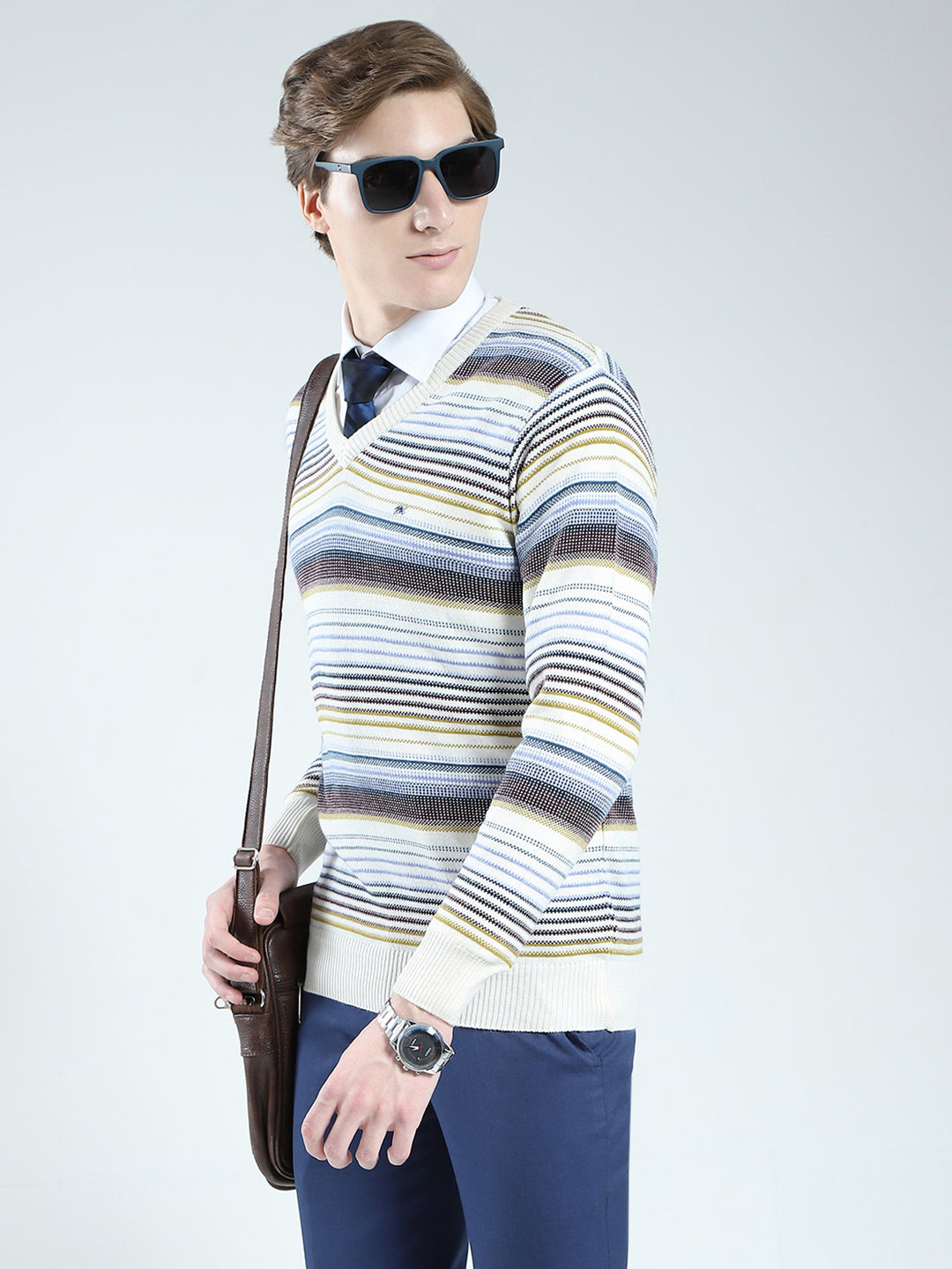 Men Cream Stripe V Neck Full Sleeve Pullover