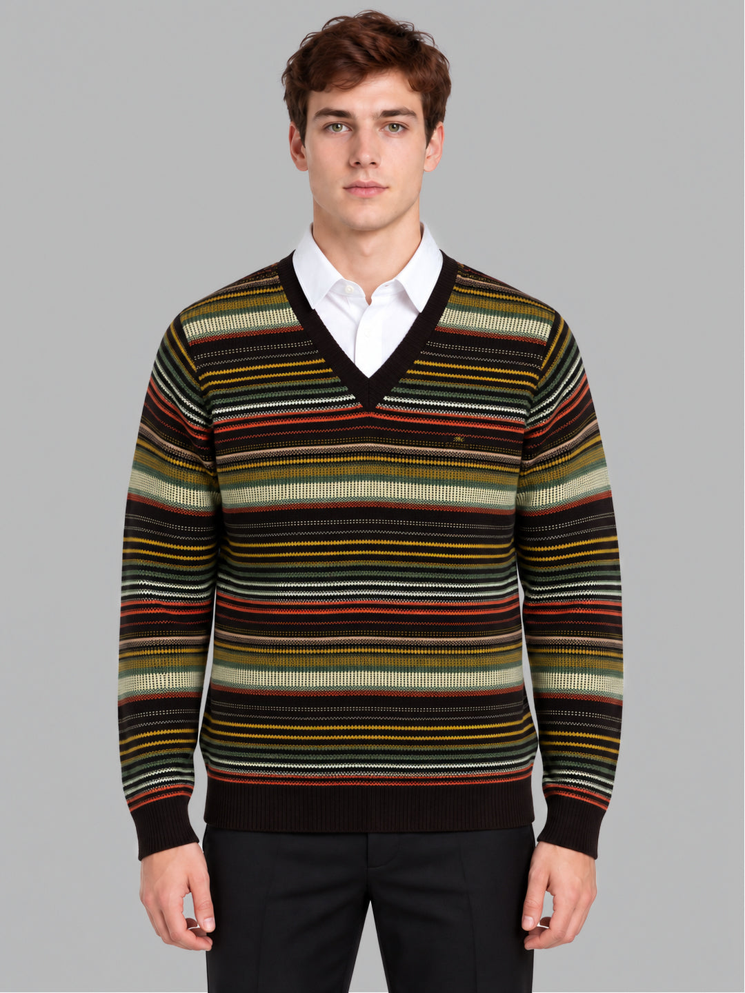 Men Brown Stripe V Neck Full Sleeve Pullover