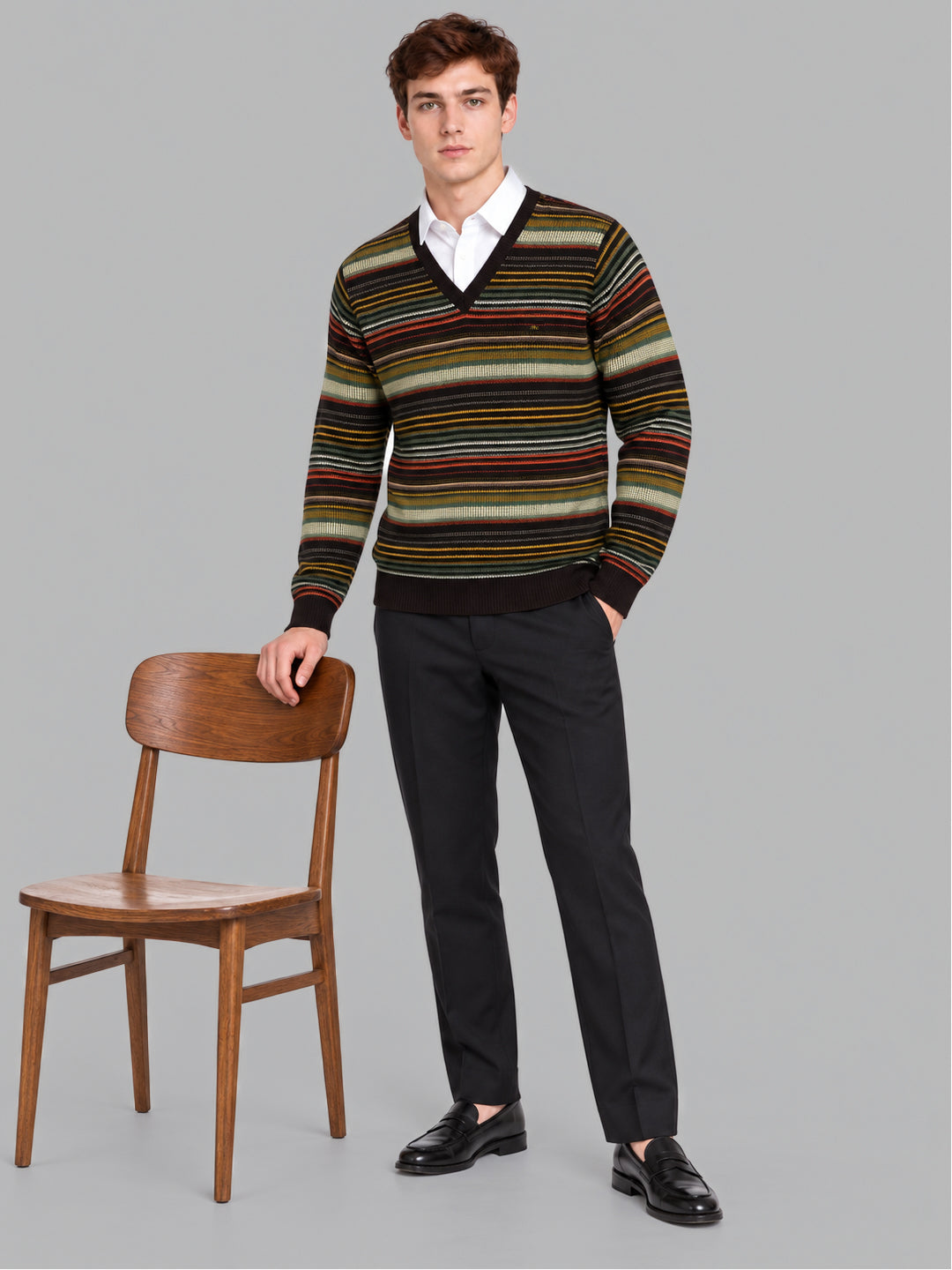 Men Brown Stripe V Neck Full Sleeve Pullover
