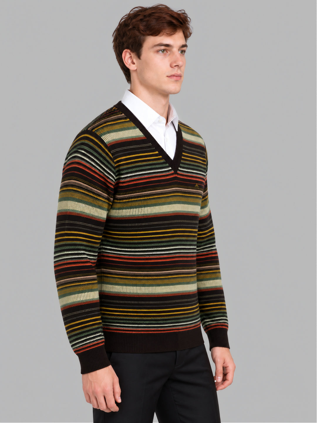 Men Brown Stripe V Neck Full Sleeve Pullover