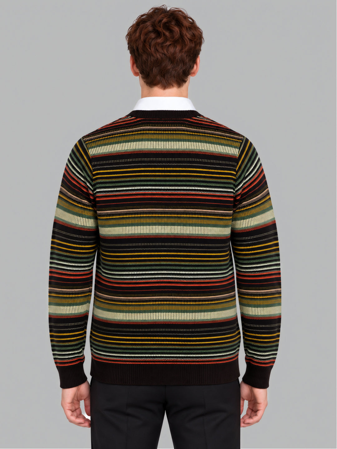 Men Brown Stripe V Neck Full Sleeve Pullover