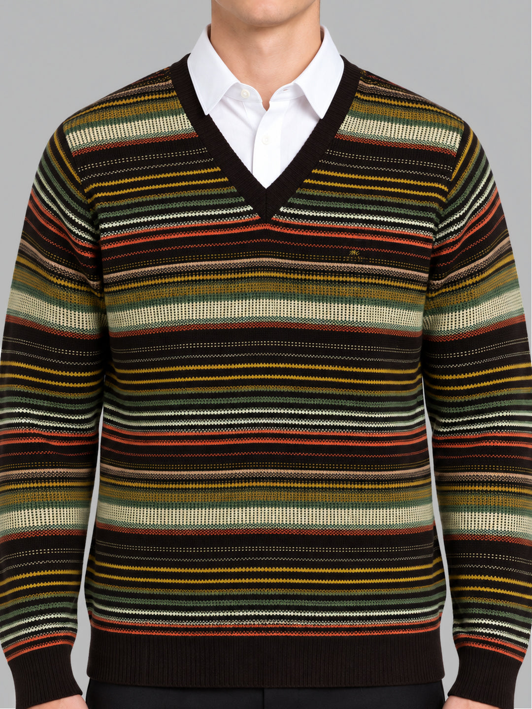 Men Brown Stripe V Neck Full Sleeve Pullover