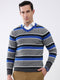 Men Blue & Grey Stripe V Neck Full Sleeve Pullover
