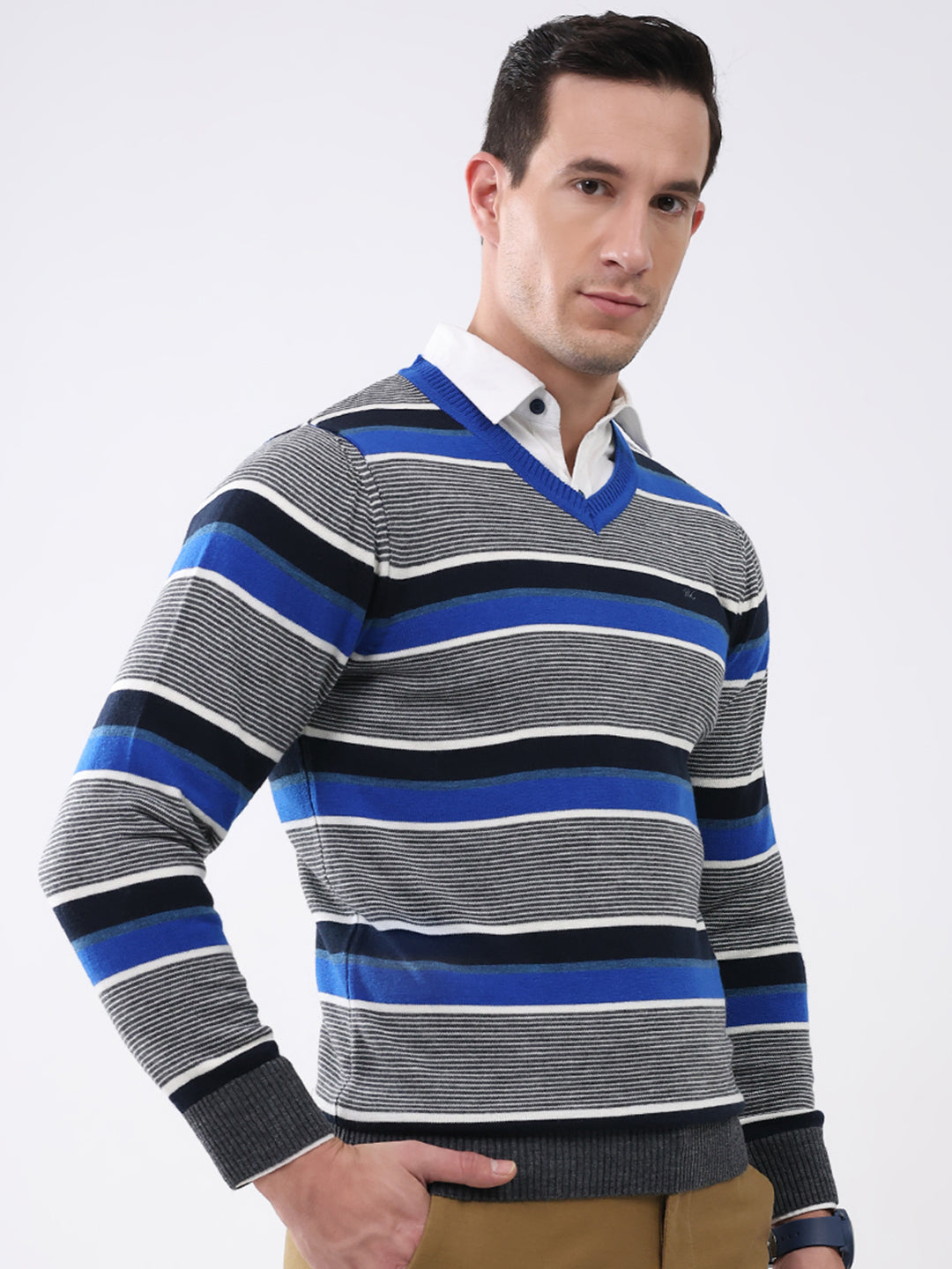 Men Blue & Grey Stripe V Neck Full Sleeve Pullover