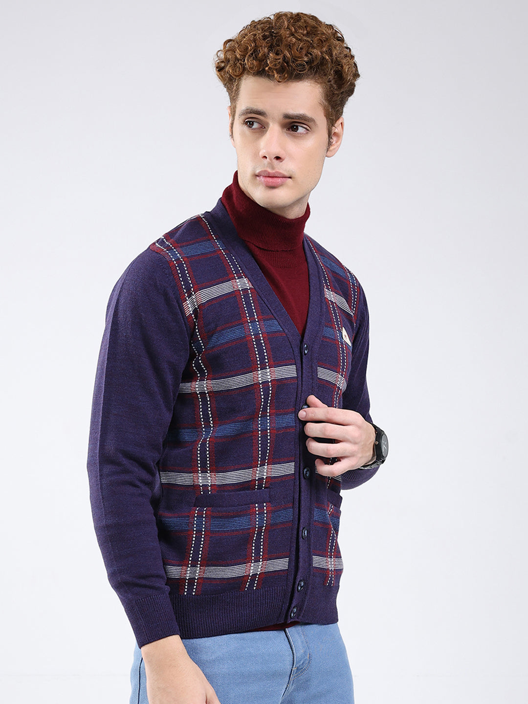 Men Purple Printed V Neck Full Sleeve Cardigan