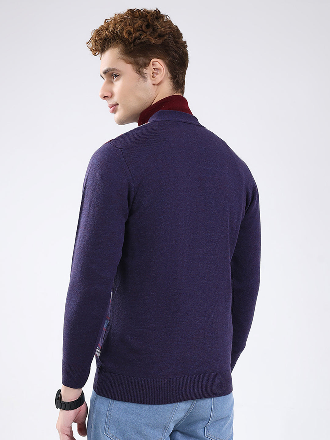 Men Purple Printed V Neck Full Sleeve Cardigan