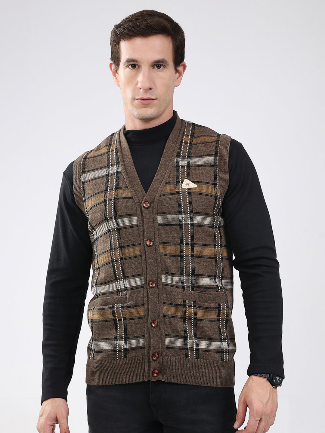 Men Brown Check V Neck Sleeveless Cardigan