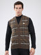 Men Brown Check V Neck Sleeveless Cardigan