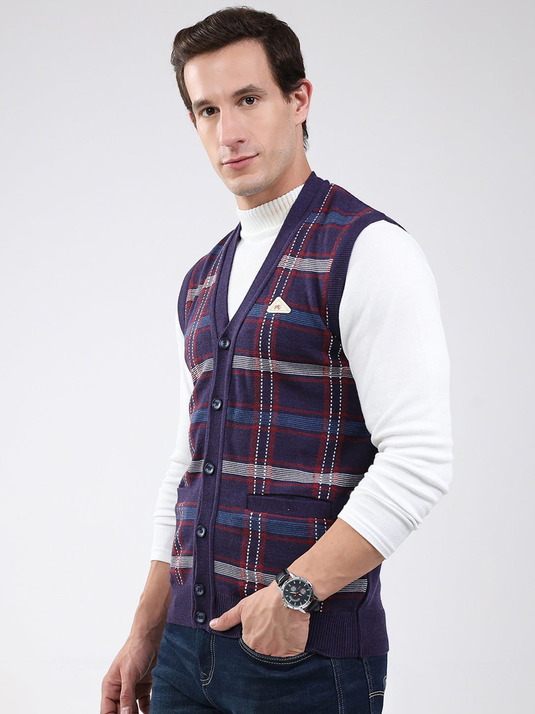 Men Purple Check V Neck Sleeveless Cardigan