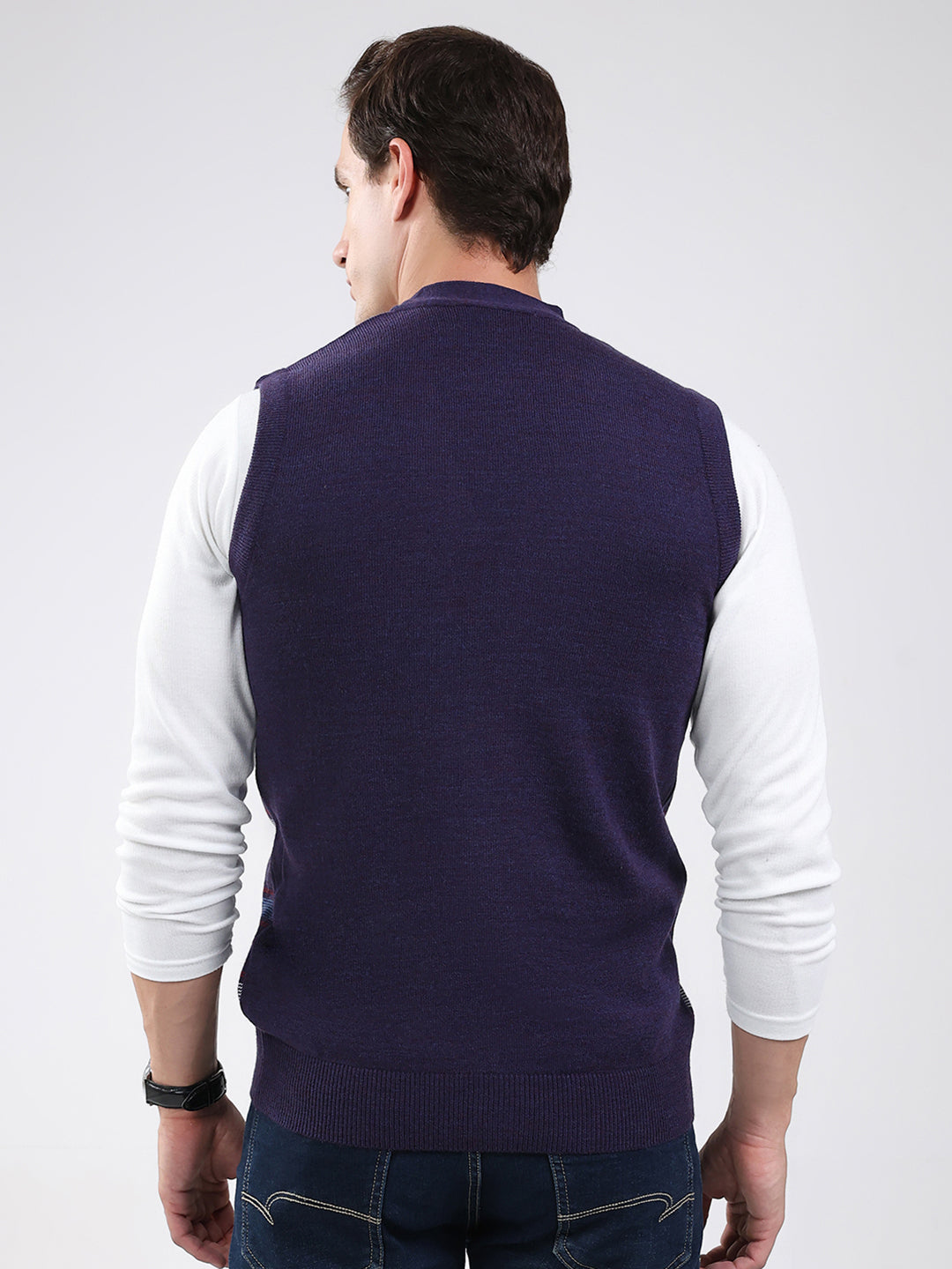 Men Purple Check V Neck Sleeveless Cardigan