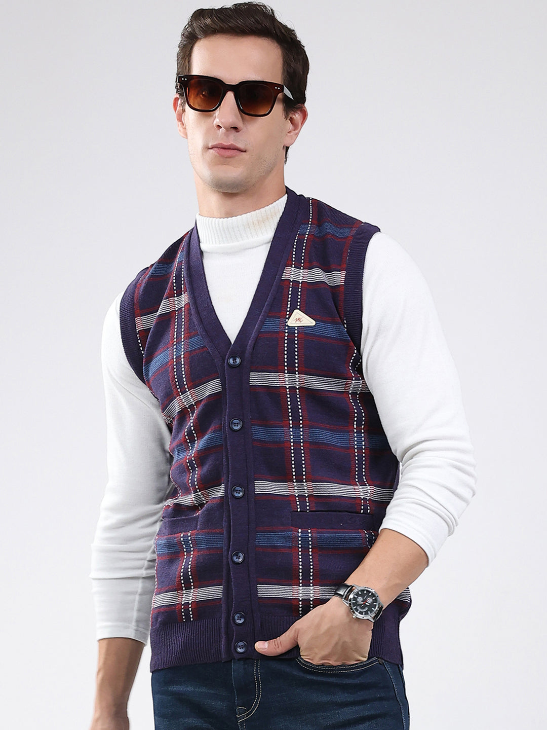Men Purple Check V Neck Sleeveless Cardigan