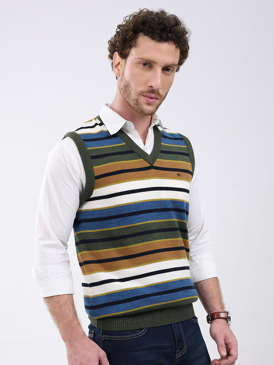 Men Green Stripe V Neck Sleeveless Sweater