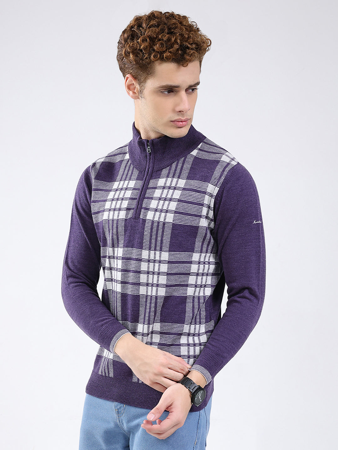 Men Purple Printed Mock Neck Full Sleeve Pullover