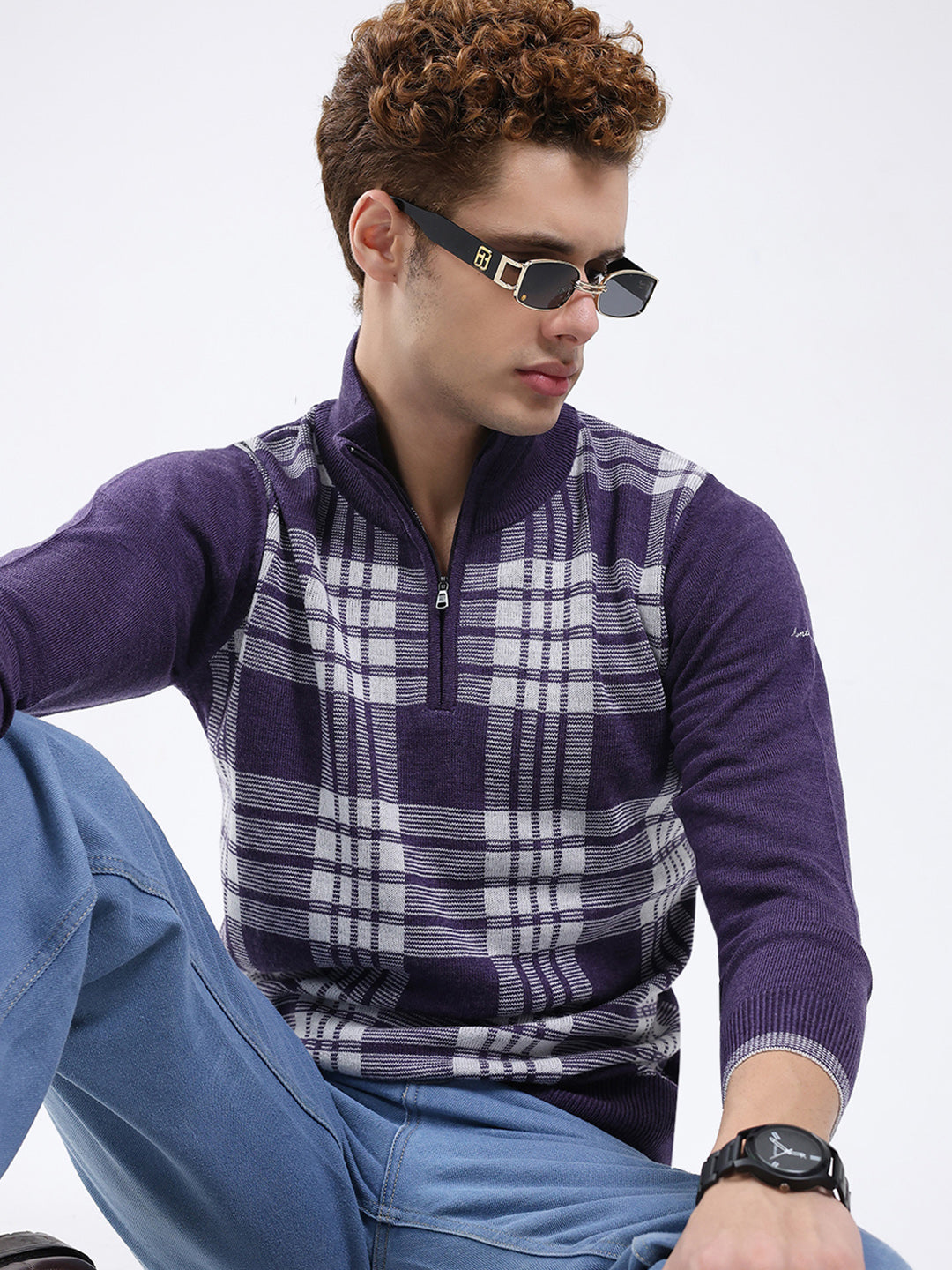 Men Purple Printed Mock Neck Full Sleeve Pullover