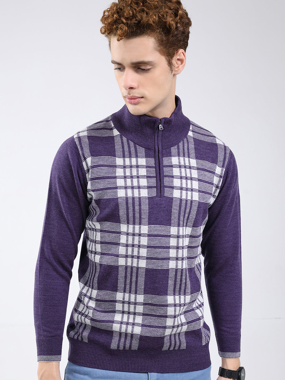 Men Purple Printed Mock Neck Full Sleeve Pullover