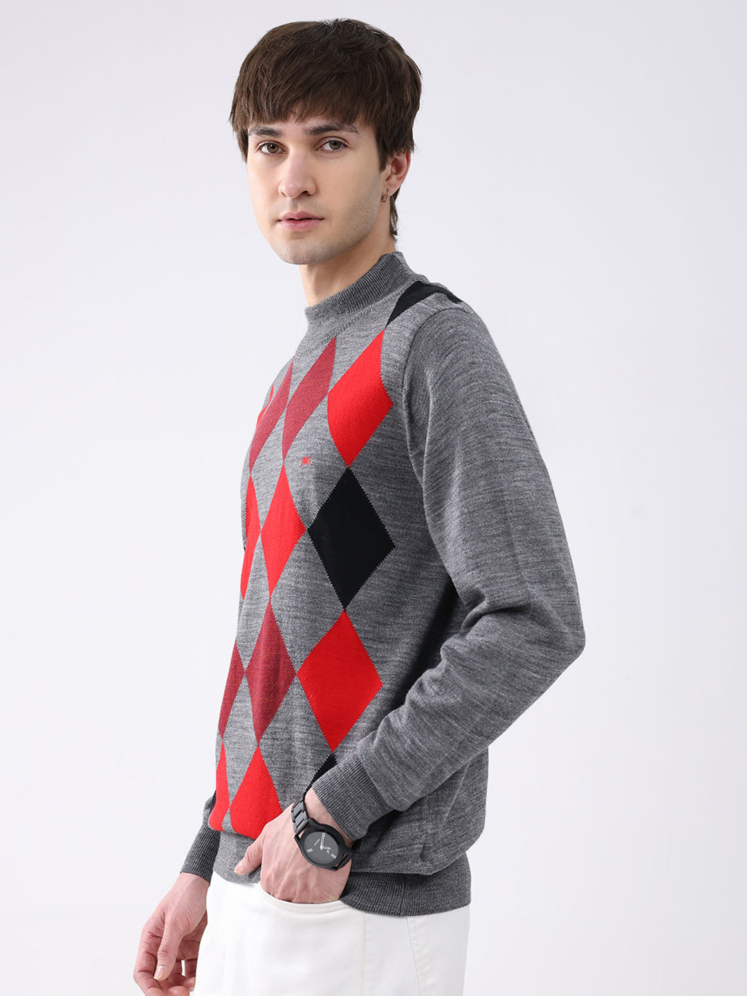 Men Grey Printed Mock Neck Full Sleeve Pullover