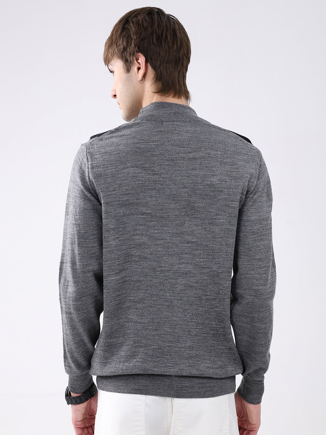Men Grey Printed Mock Neck Full Sleeve Pullover