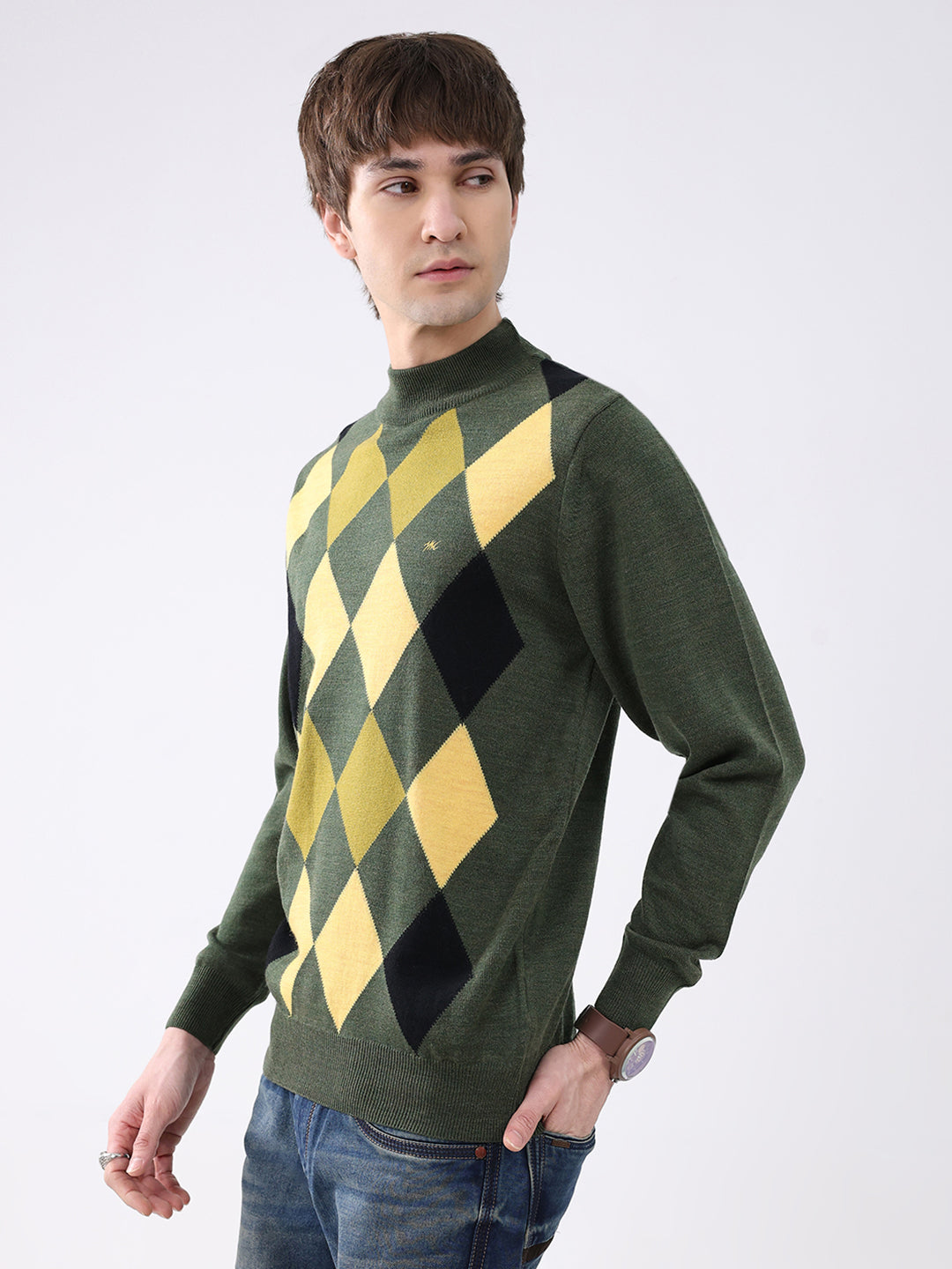 Men Green Printed Mock Neck Full Sleeve Pullover