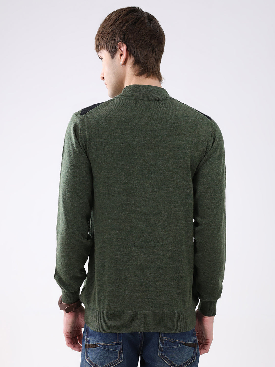 Men Green Printed Mock Neck Full Sleeve Pullover