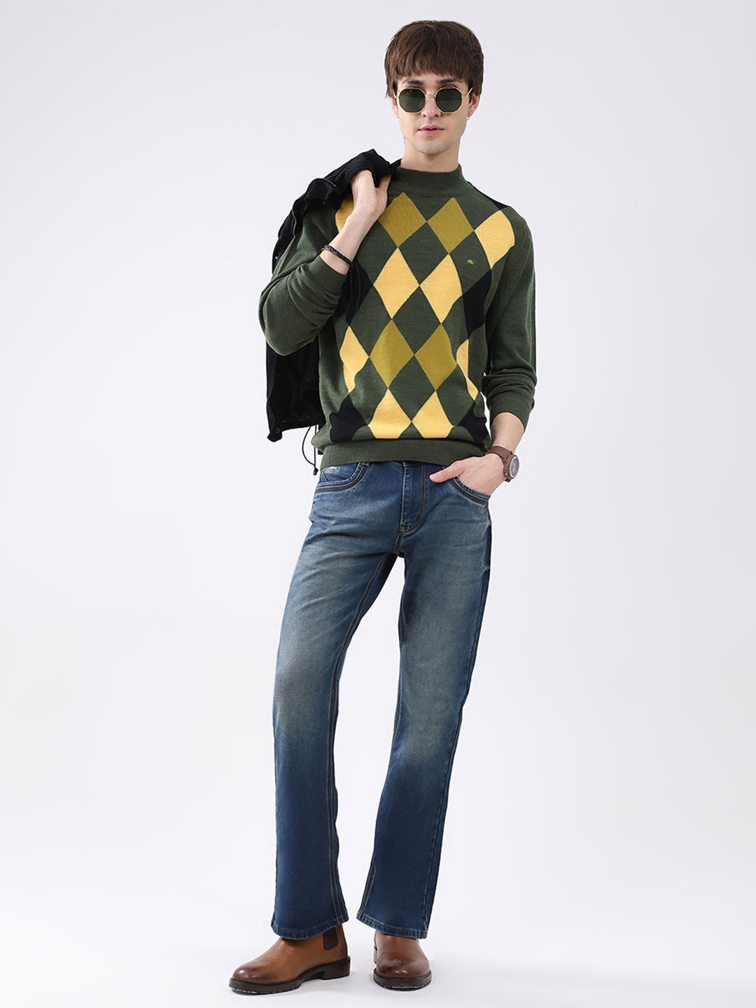 Men Green Printed Mock Neck Full Sleeve Pullover