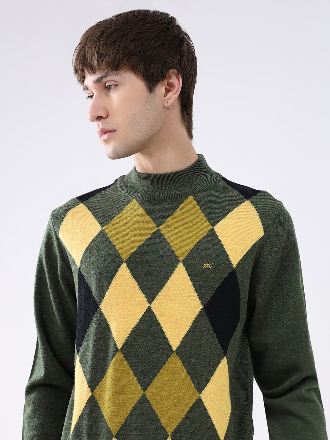 Men Green Printed Mock Neck Full Sleeve Pullover