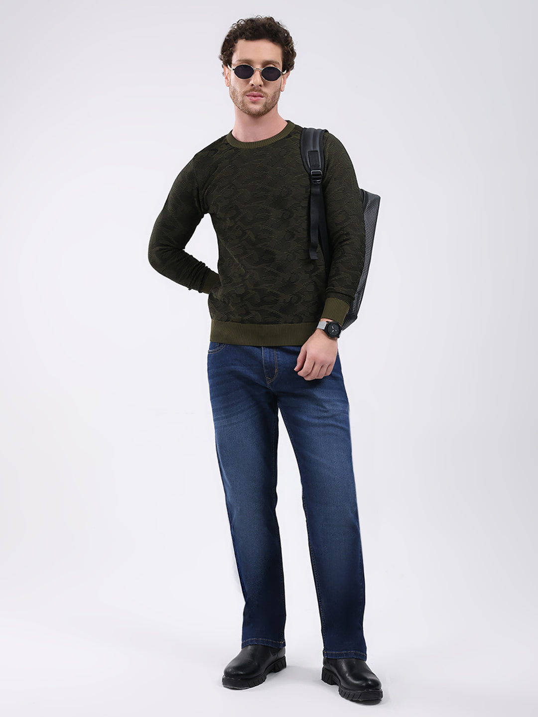 Men Dark Green Self Design Round Neck Full Sleeve Pullover
