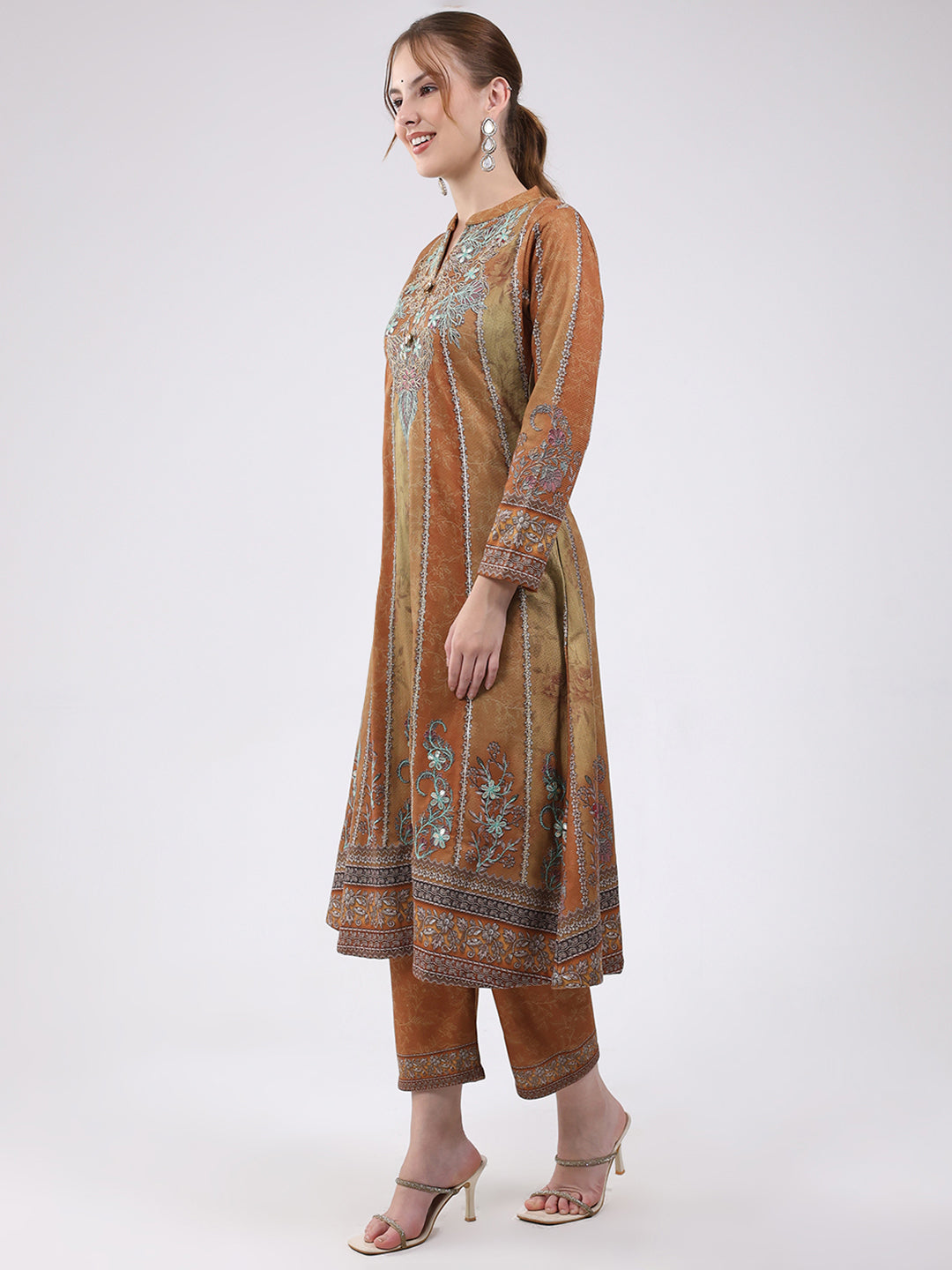 Women Mustard Printed Round Neck Full Sleeve Kurti Set for Winter
