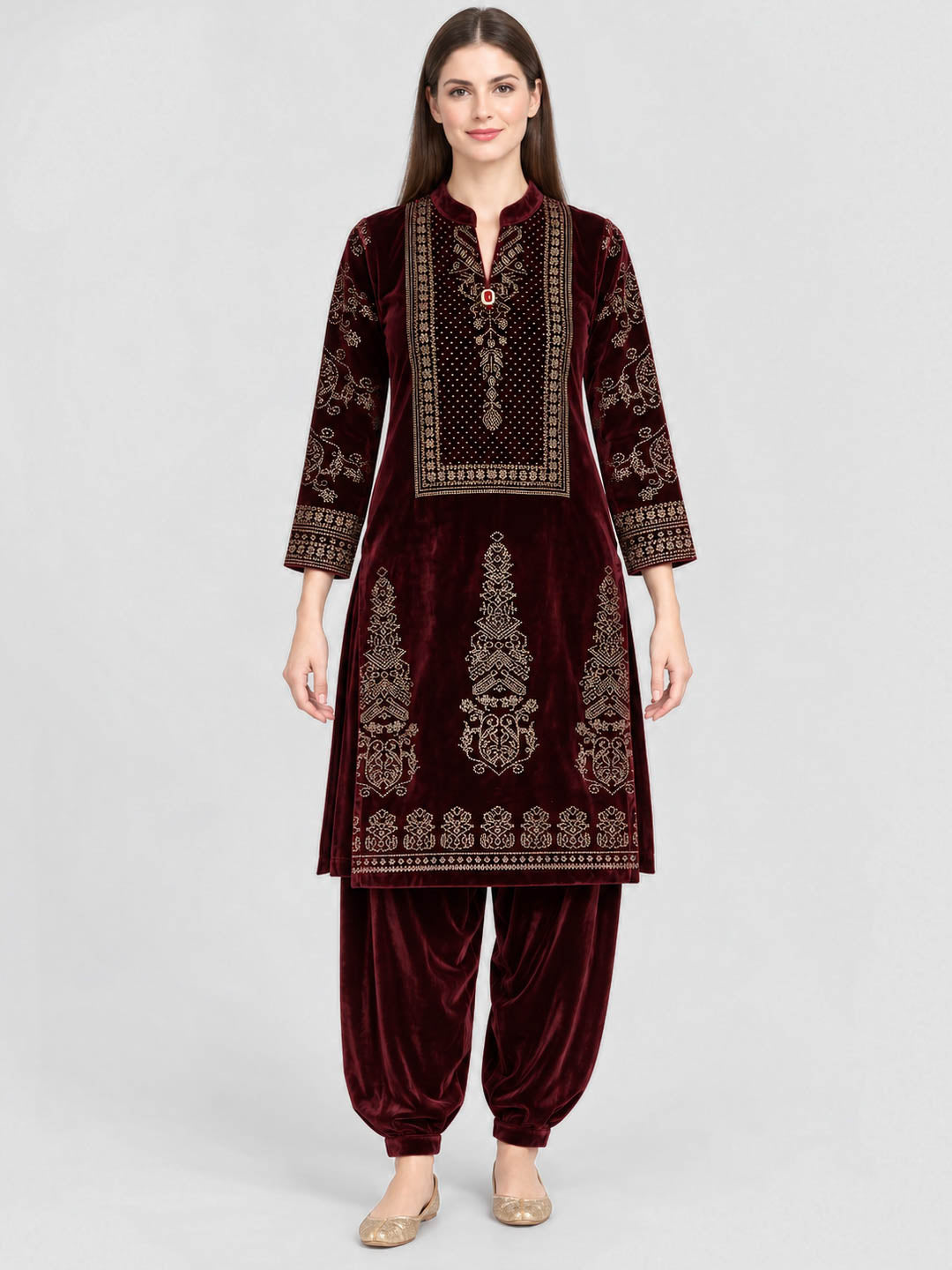 Women Maroon Designer Round Neck Full Sleeve Kurtis Set for Winter