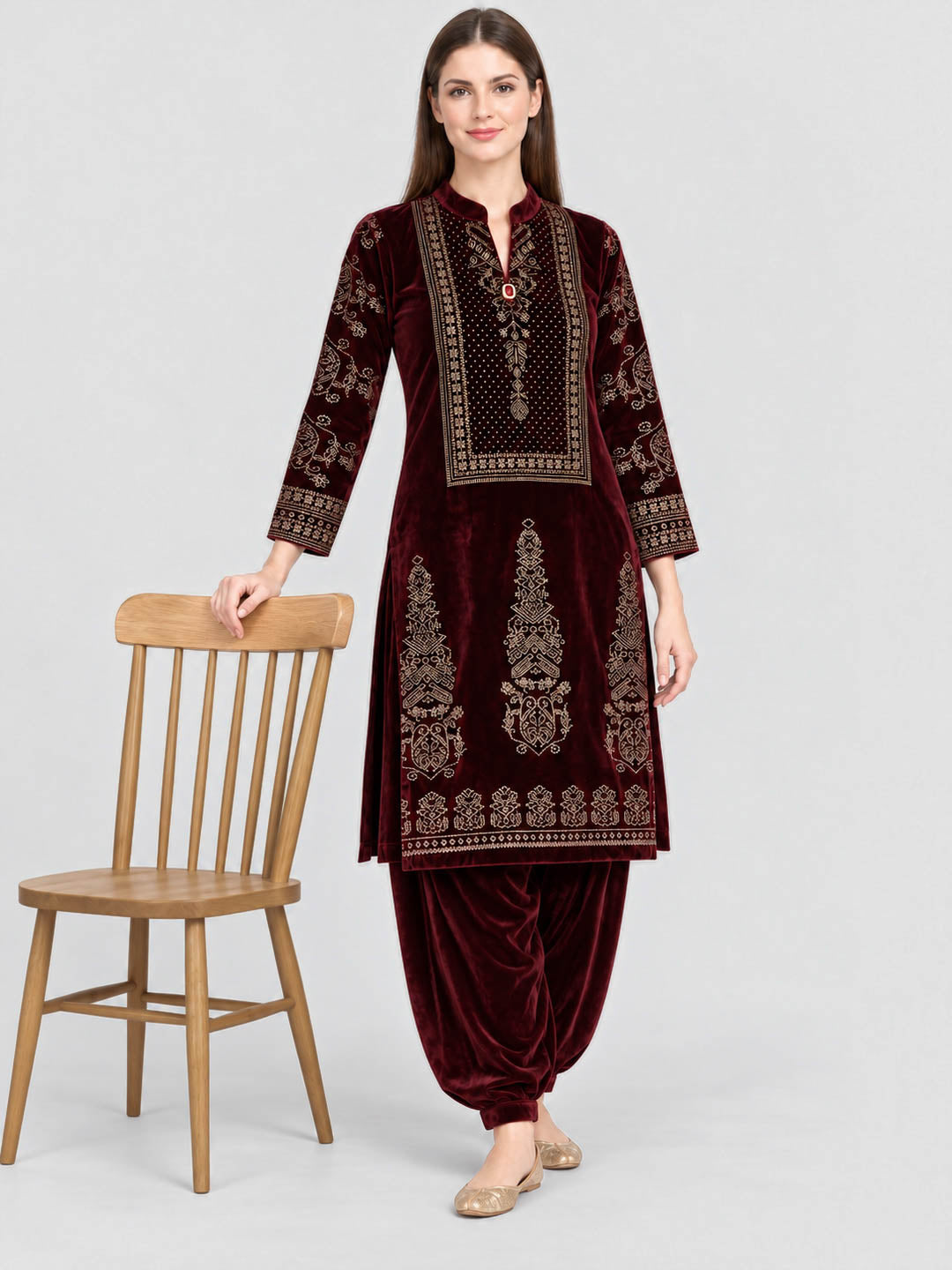 Women Maroon Designer Round Neck Full Sleeve Kurtis Set for Winter