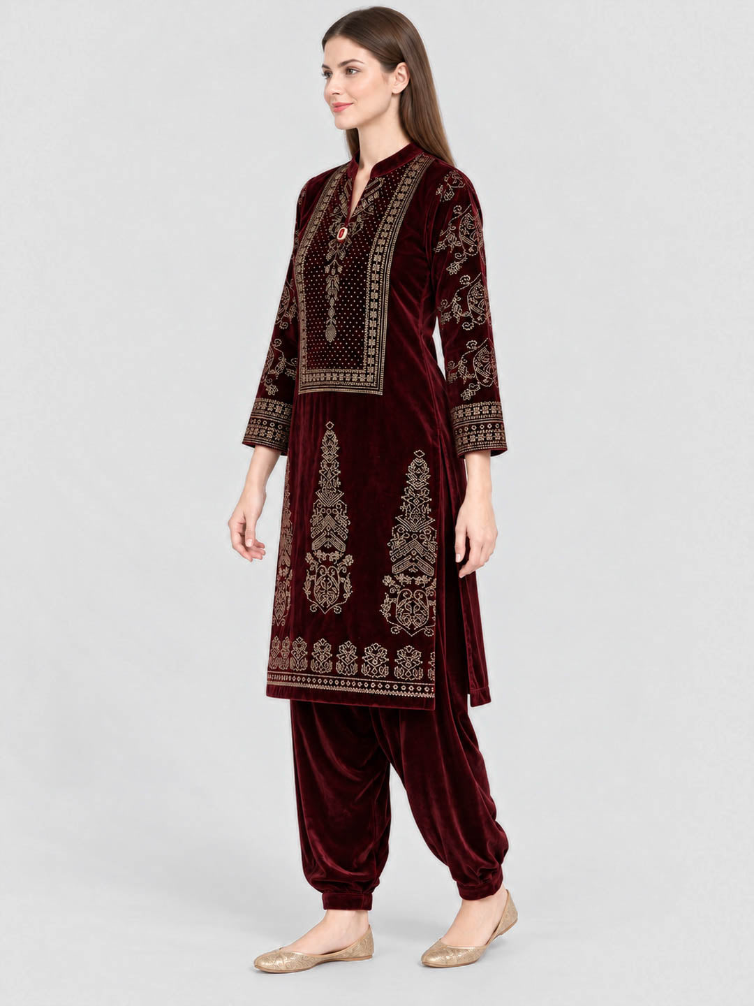 Women Maroon Designer Round Neck Full Sleeve Kurtis Set for Winter