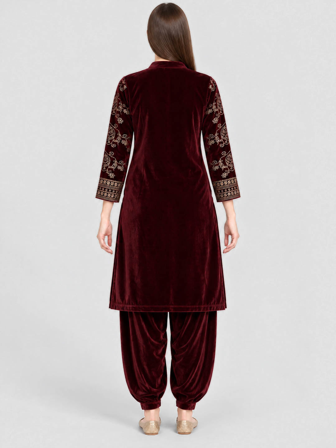 Women Maroon Designer Round Neck Full Sleeve Kurtis Set for Winter