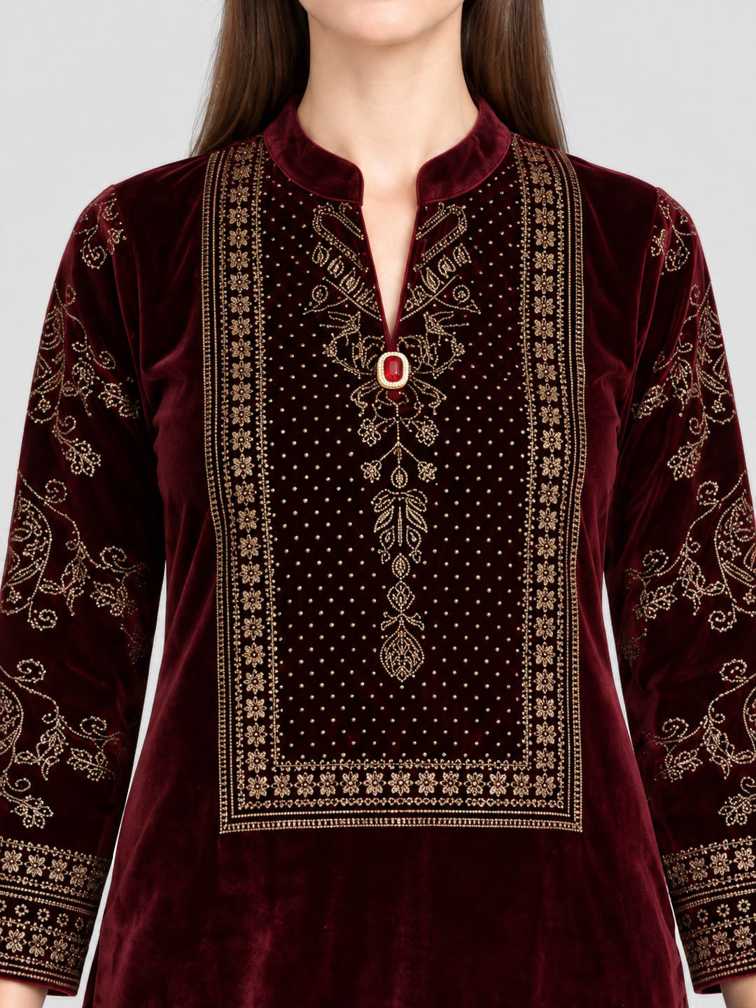 Women Maroon Designer Round Neck Full Sleeve Kurtis Set for Winter