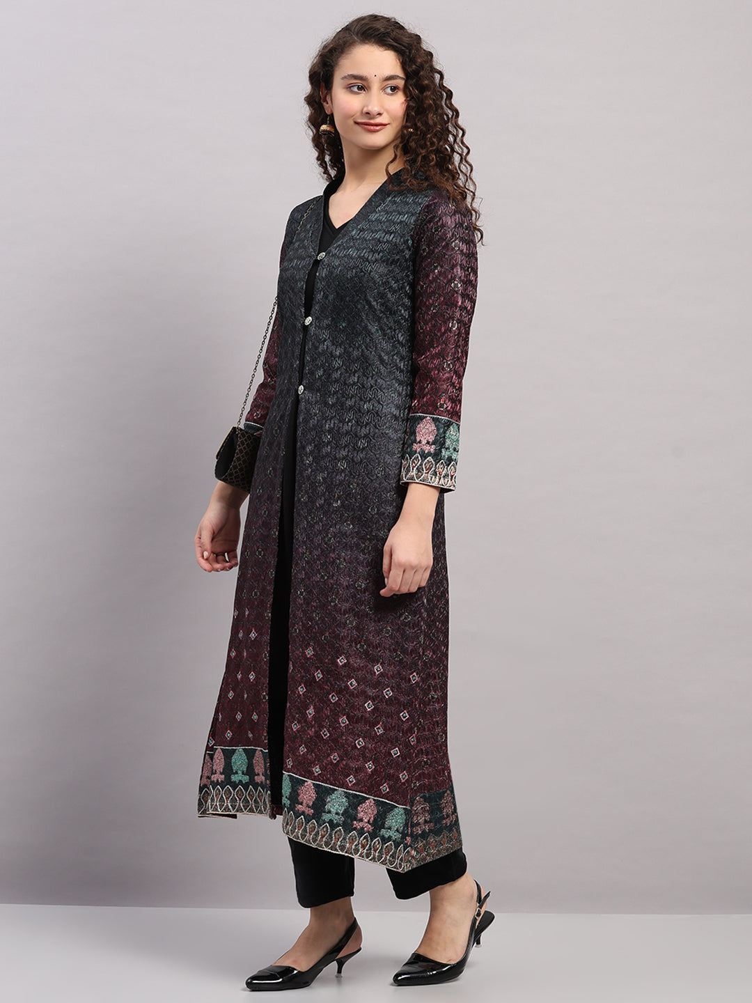 Women Maroon Printed Round Neck Full Sleeve Kurti Set for Winter