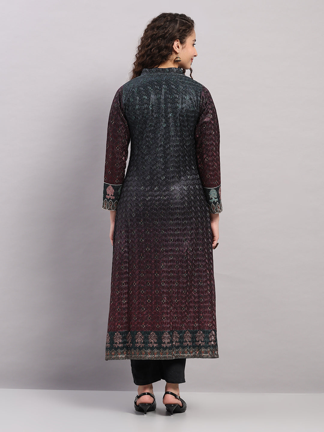 Women Maroon Printed Round Neck Full Sleeve Kurti Set for Winter