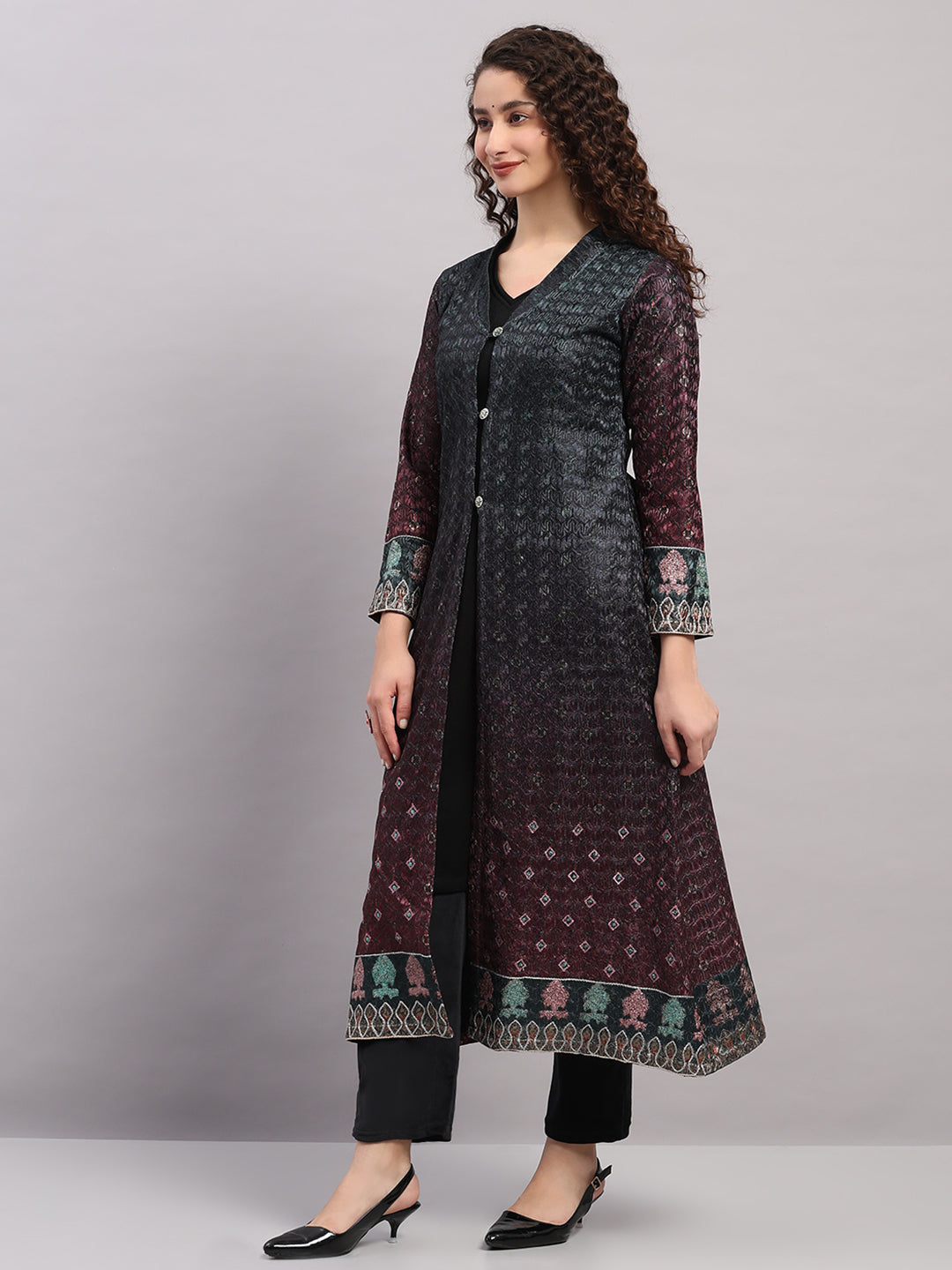 Women Maroon Printed Round Neck Full Sleeve Kurti Set for Winter