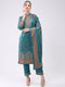 Women Turquoise Blue Printed Round Neck Full Sleeve Kurti Set for Winter