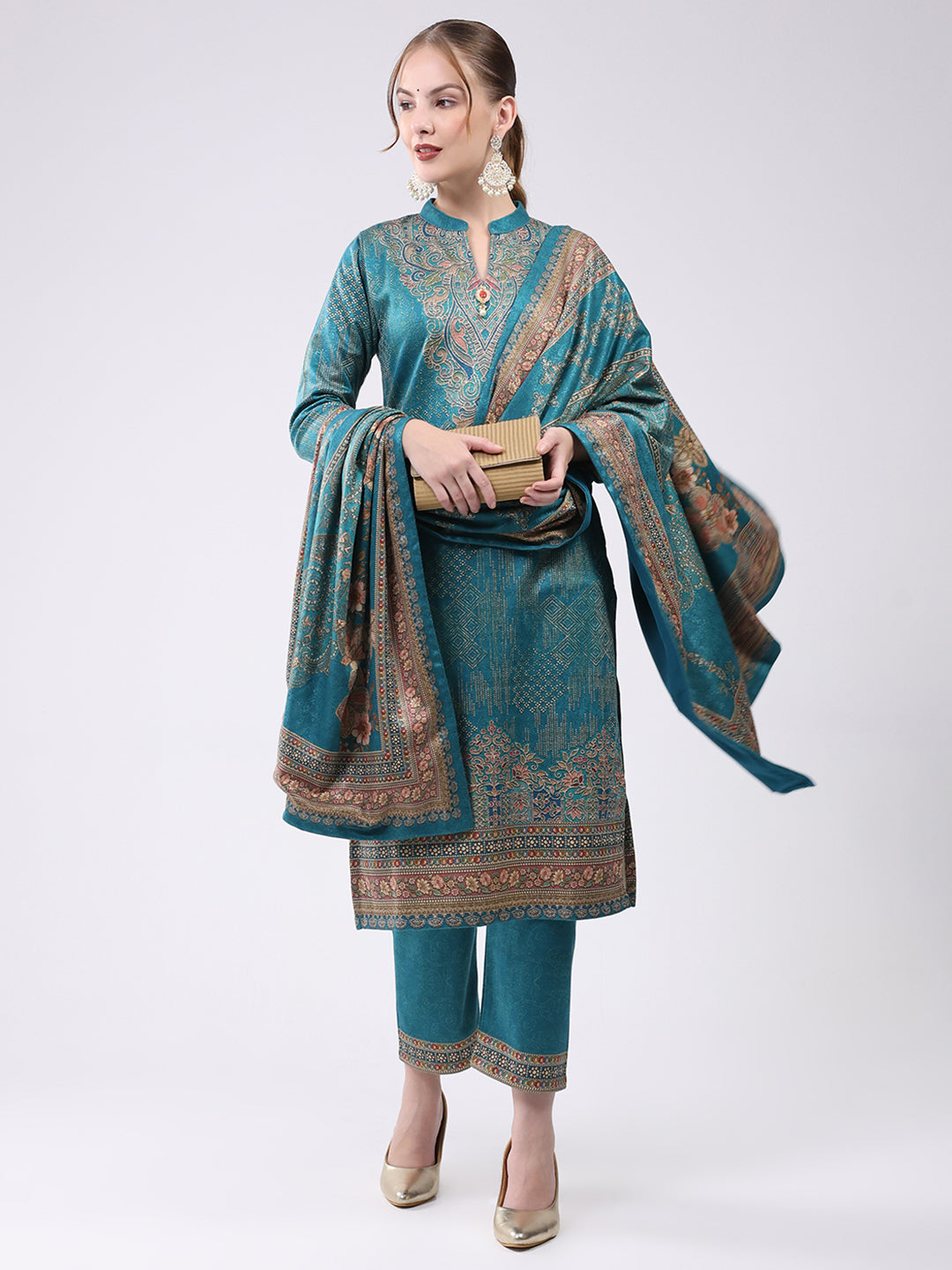 Women Turquoise Blue Printed Round Neck Full Sleeve Kurti Set for Winter