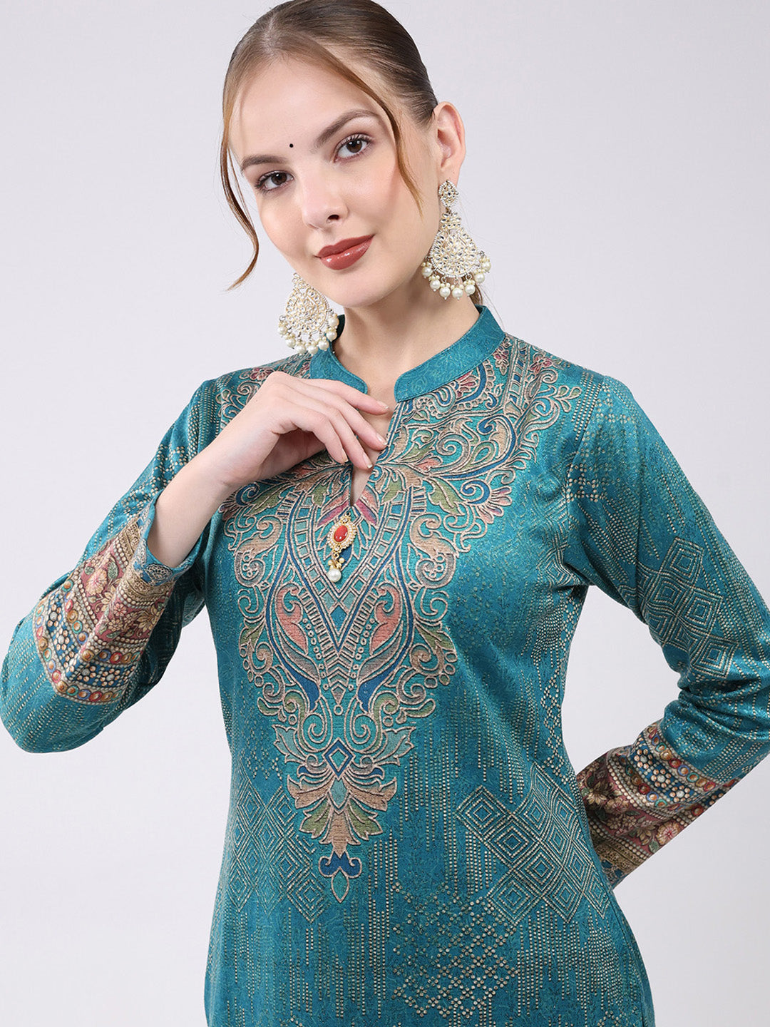 Women Turquoise Blue Printed Round Neck Full Sleeve Kurti Set for Winter