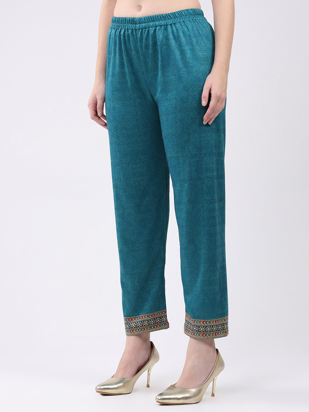 Women Turquoise Blue Printed Round Neck Full Sleeve Kurti Set for Winter