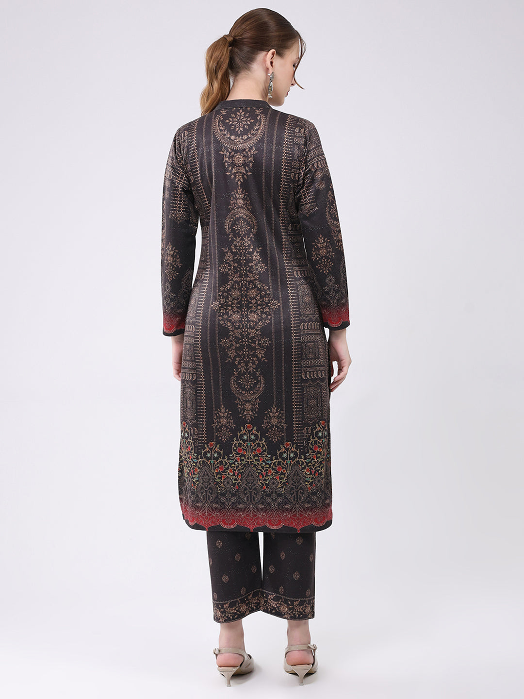 Women Brown Printed Round Neck Full Sleeve Kurti Set for Winter